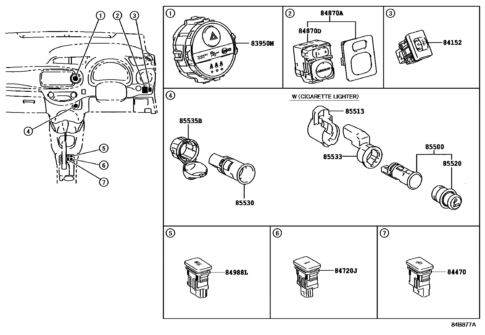 Toyota YARIS 开关和继电器和ECU EPC diagram — 84B877A