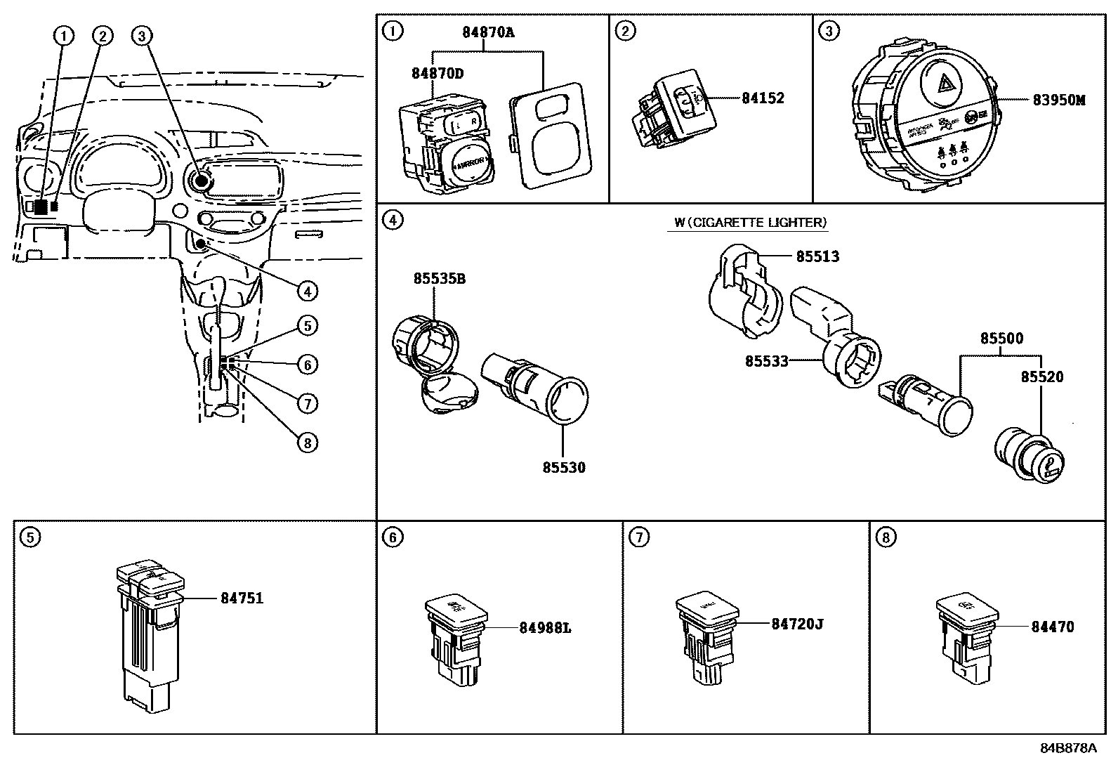 Toyota YARIS 开关和继电器和ECU EPC diagram — 84B878A