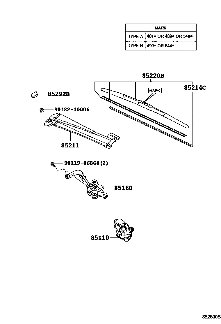 Toyota YARIS 挡风玻璃刮水器 EPC diagram — 852600B