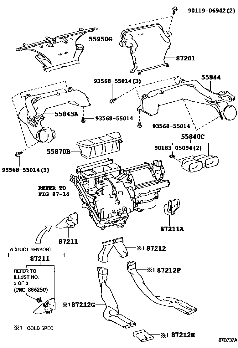Toyota YARIS 暖风和空调系统 - 控制器和风管 EPC diagram — 87B737A