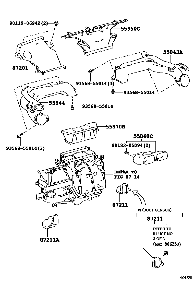 Toyota YARIS 暖风和空调系统 - 控制器和风管 EPC diagram — 87B738