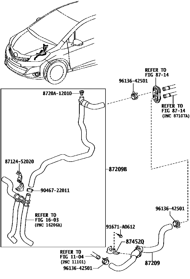 Toyota YARIS 暖风和空调系统 - 水管 EPC diagram — 87B746C