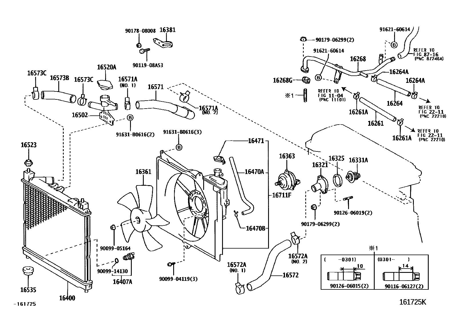 Toyota YARIS RADIATOR & WATER OUTLET EPC diagram — 161725K