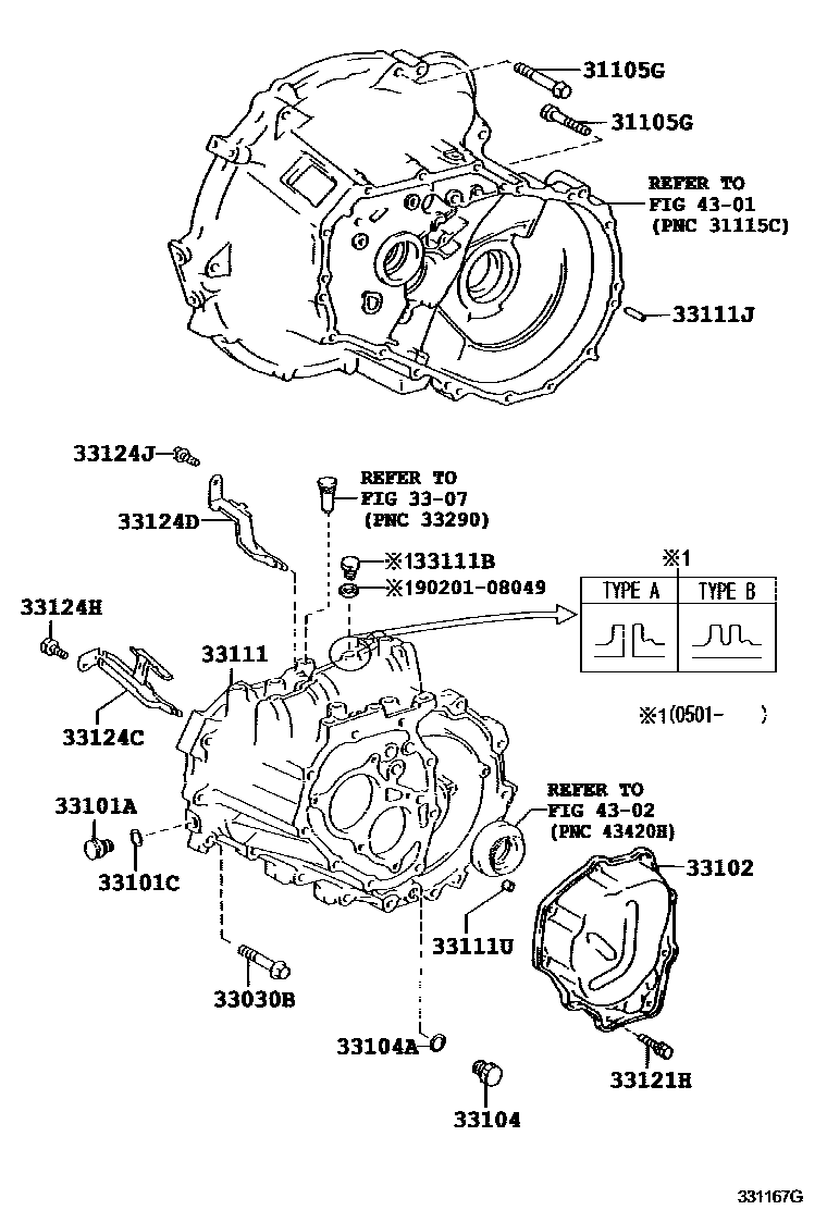 Toyota YARIS 离合器壳和变速器壳(MTM) EPC diagram — 331167G