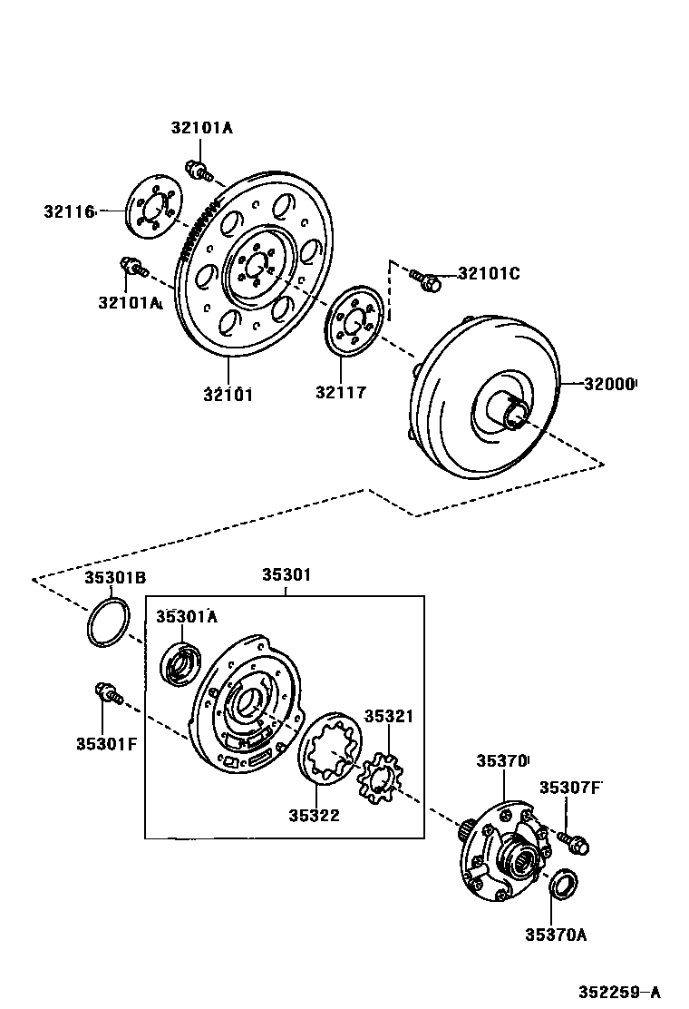 Toyota YARIS 变矩器、前油泵和链条(ATM) EPC diagram — 352259A