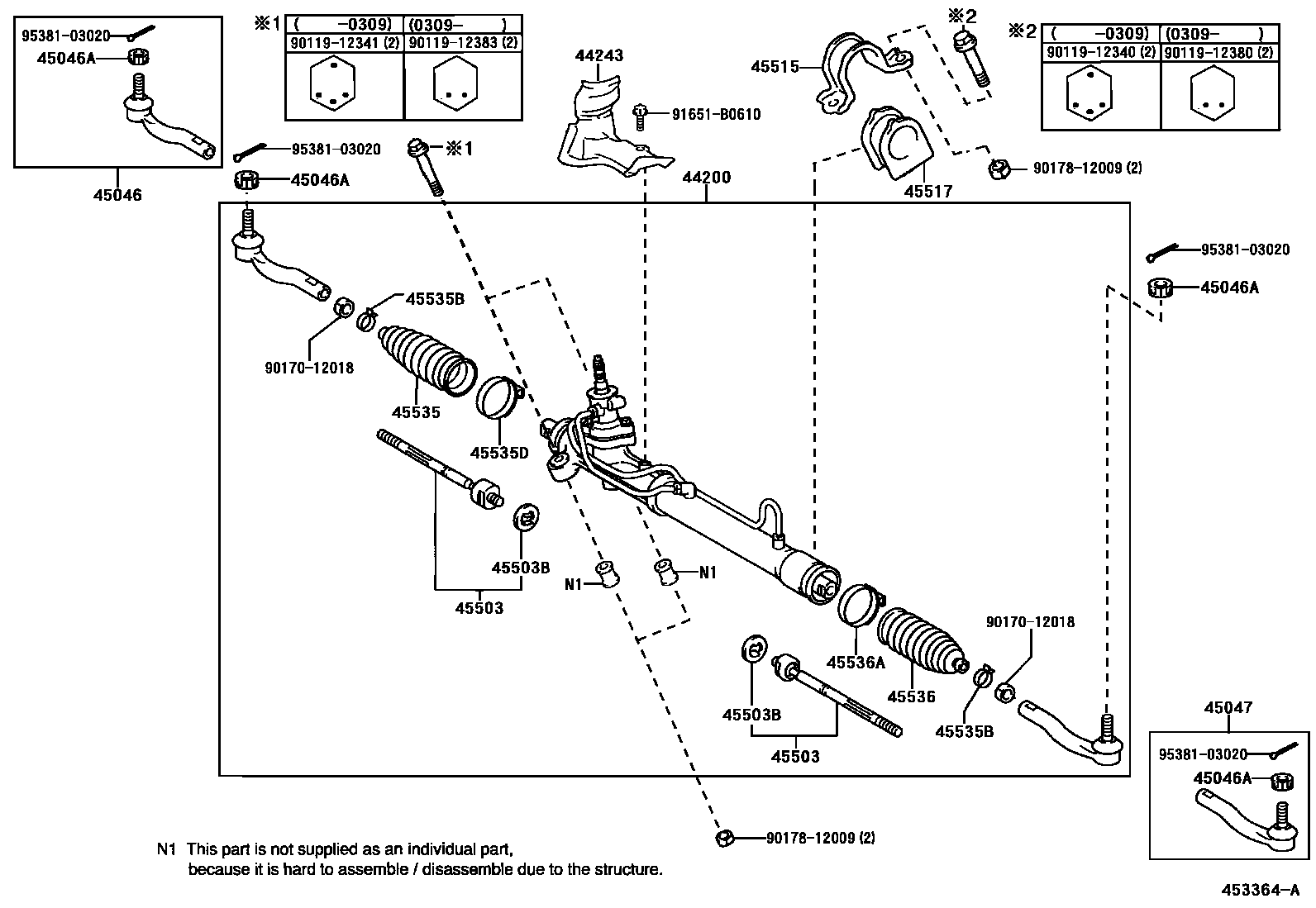 Toyota YARIS 前转向齿轮和连杆 EPC diagram — 453364A