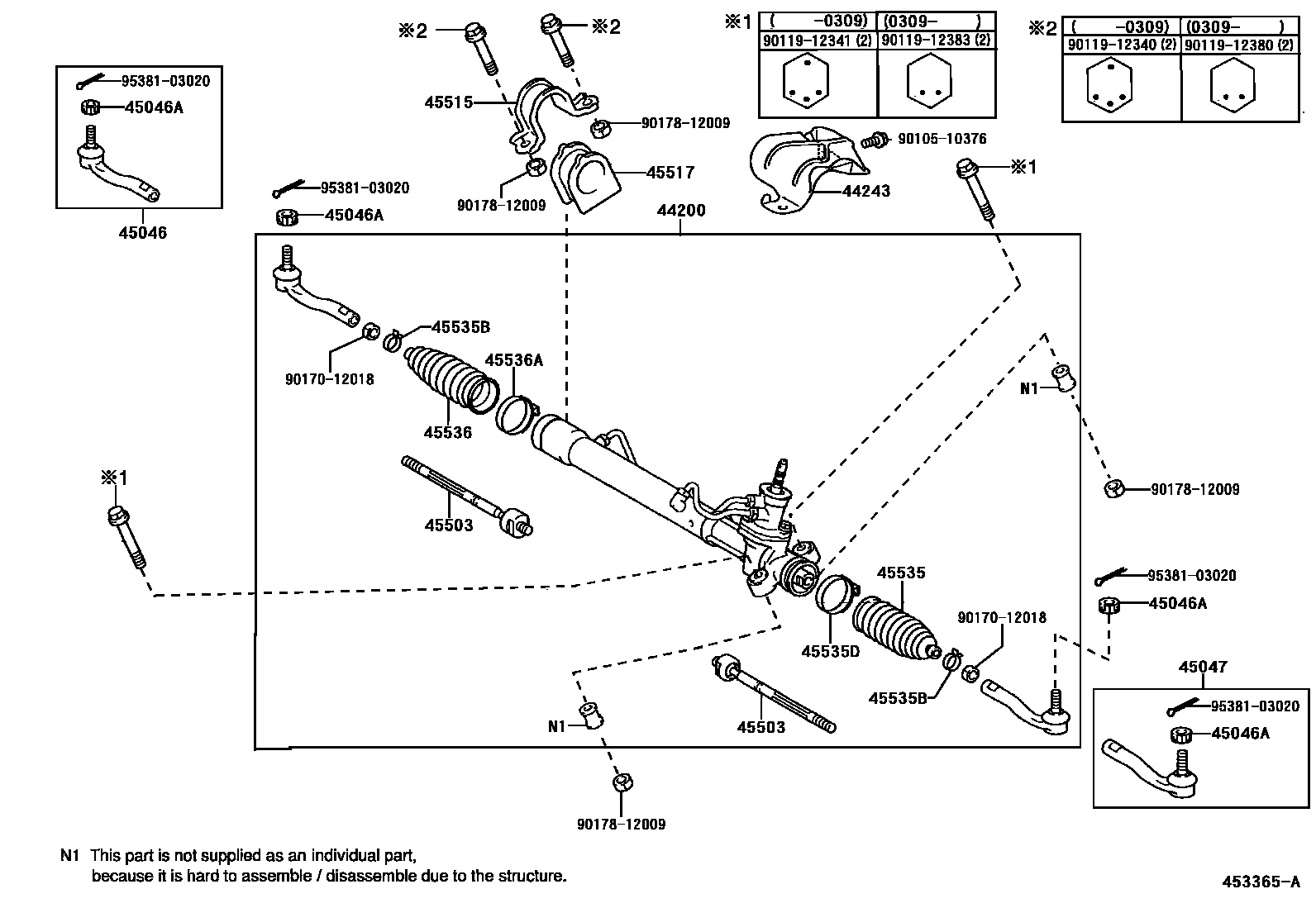 Toyota YARIS 前转向齿轮和连杆 EPC diagram — 453365A
