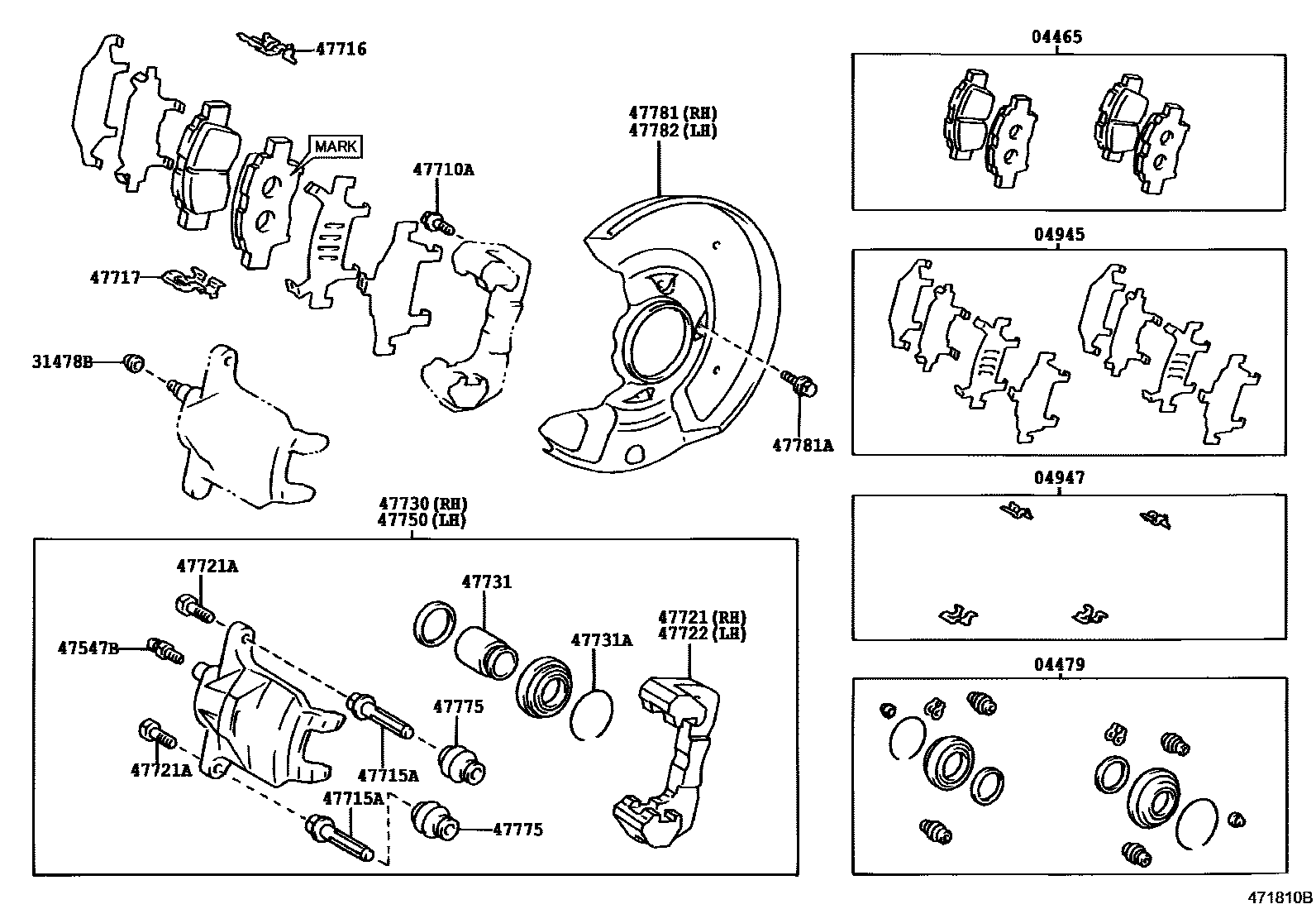 Toyota YARIS 前盘式制动器卡钳和防尘罩 EPC diagram — 471810B