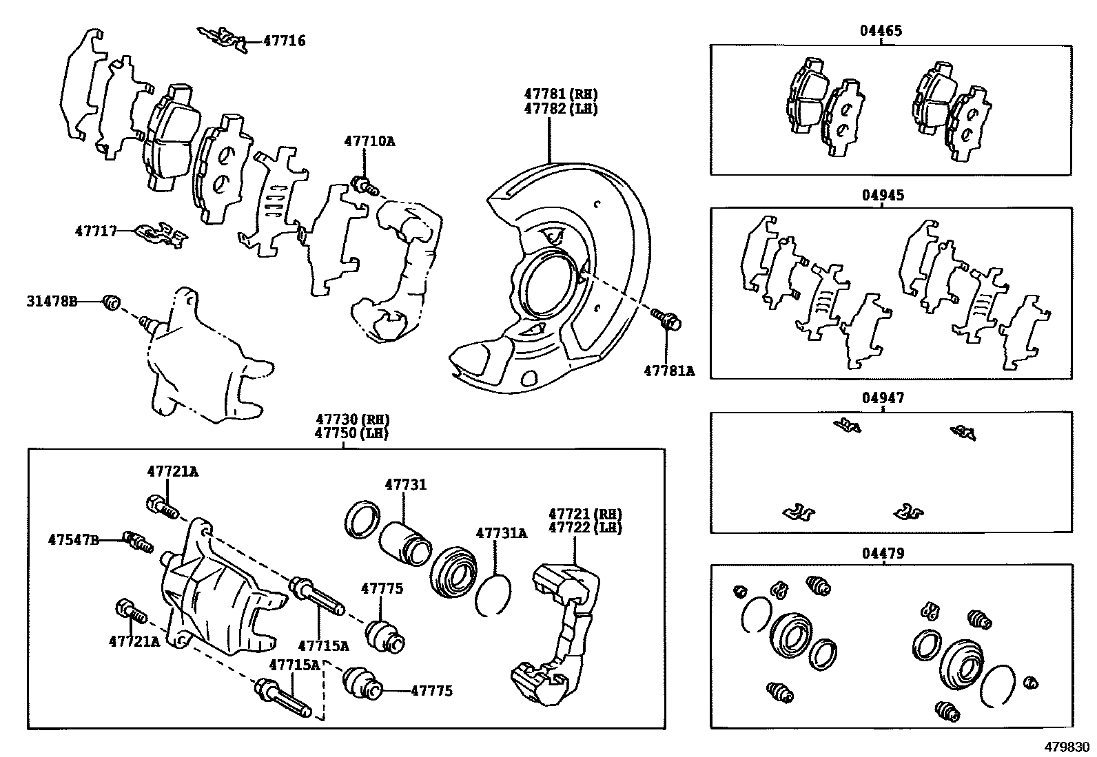 Toyota YARIS 前盘式制动器卡钳和防尘罩 EPC diagram — 479830