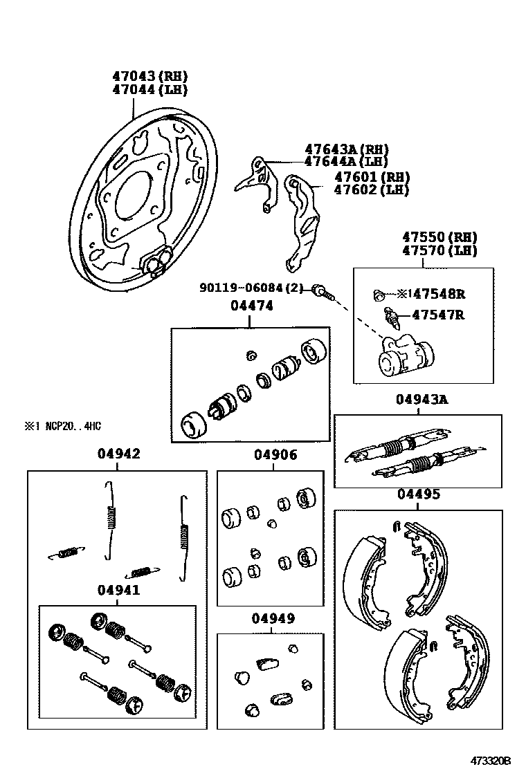 Toyota YARIS 后鼓式制动器分泵和底板 EPC diagram — 473320B