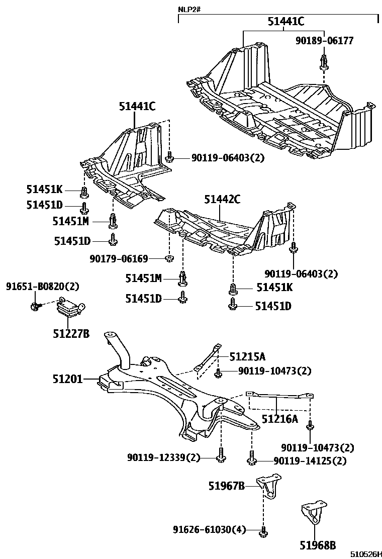 Toyota YARIS 悬架横梁和发动机底罩 EPC diagram — 510526H