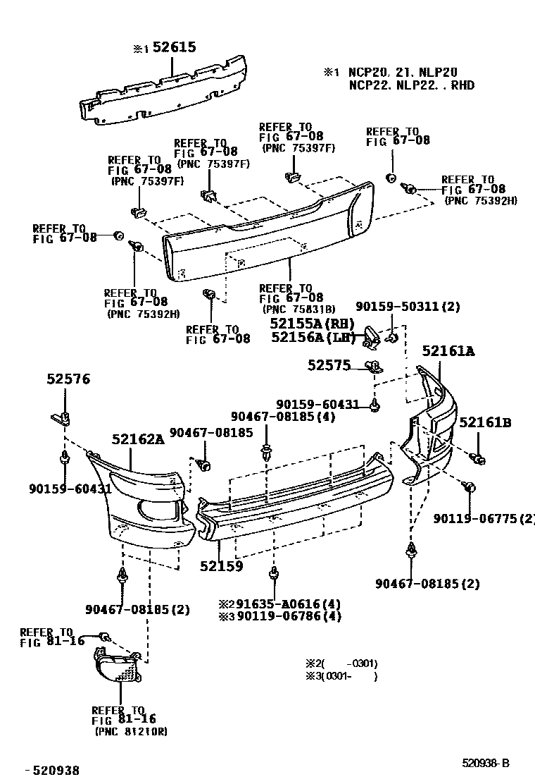 Toyota YARIS 后保险杠及附件 EPC diagram — 520938B