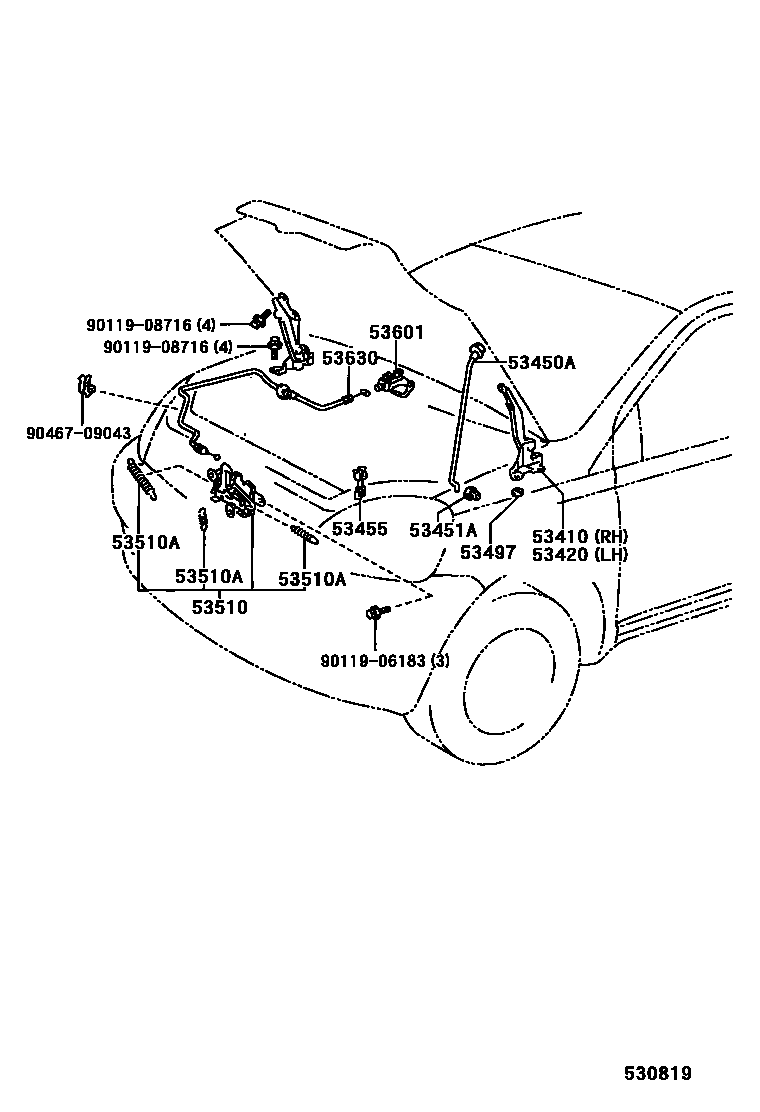 Toyota YARIS 发动机盖锁和铰链 EPC diagram — 530819