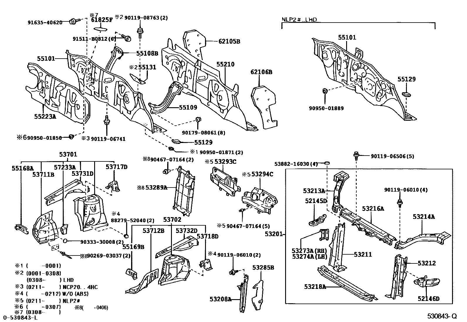Toyota YARIS 前翼子板挡泥板和前围板 EPC diagram — 530843Q