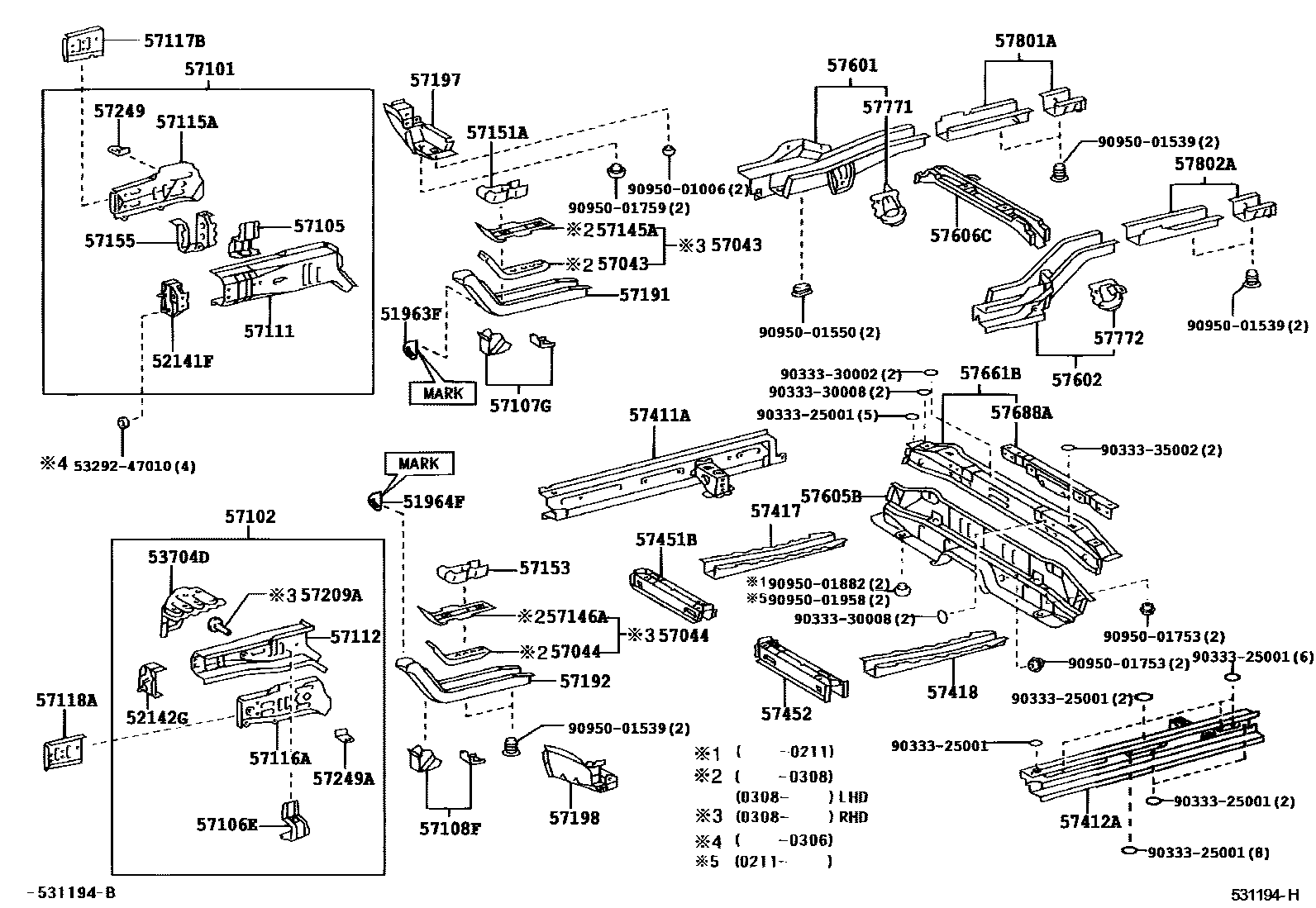Toyota YARIS Floor stringers EPC diagram — 531194H