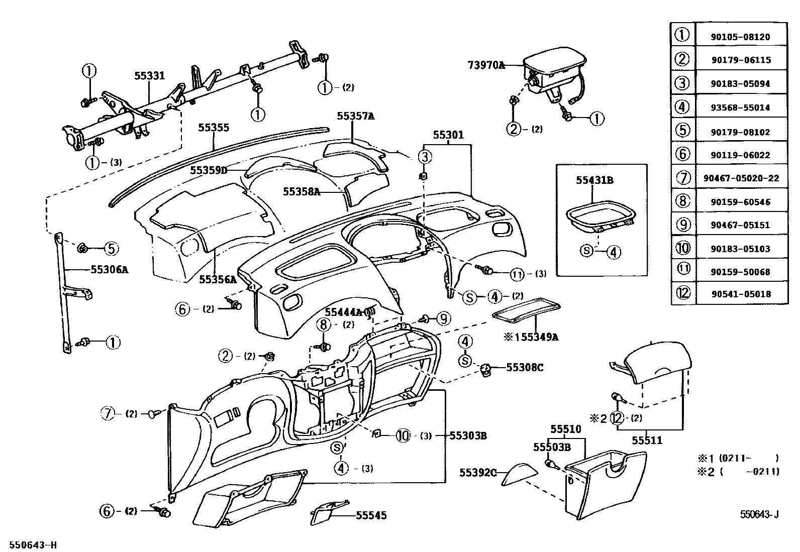 Toyota YARIS 仪表板和手套箱 EPC diagram — 550643J