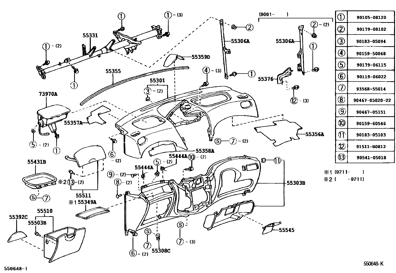 Toyota YARIS 仪表板和手套箱 EPC diagram — 550648K