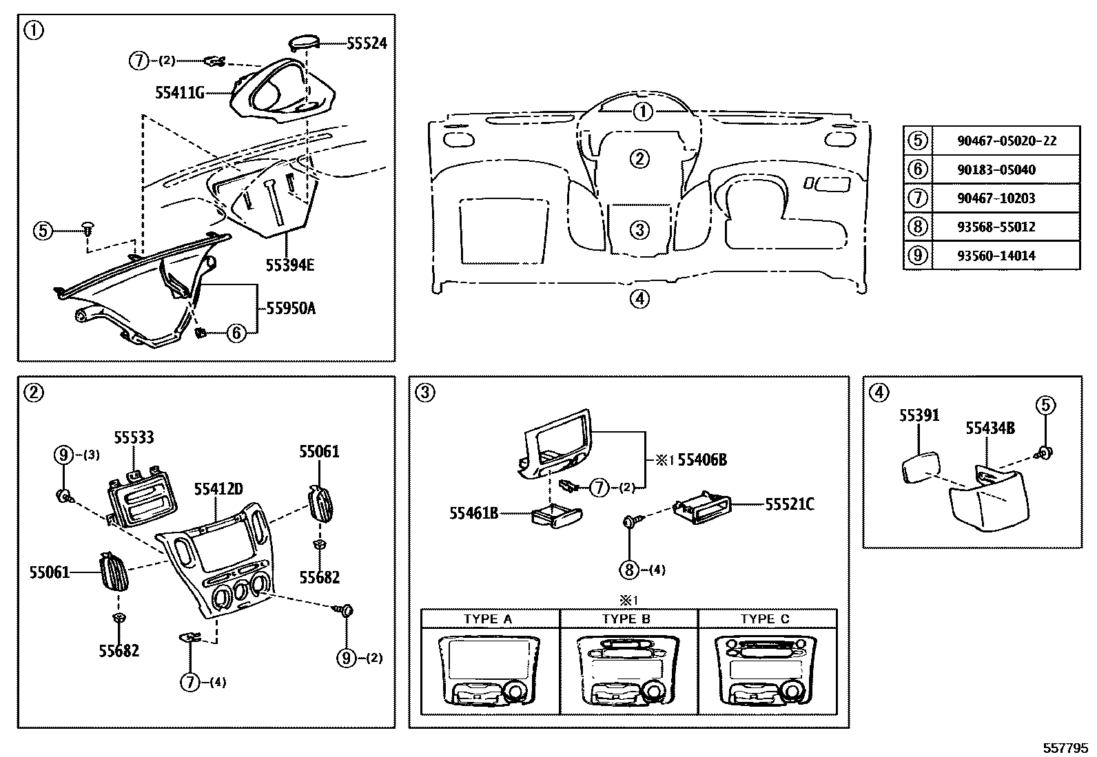 Toyota YARIS 仪表板和手套箱 EPC diagram — 557795