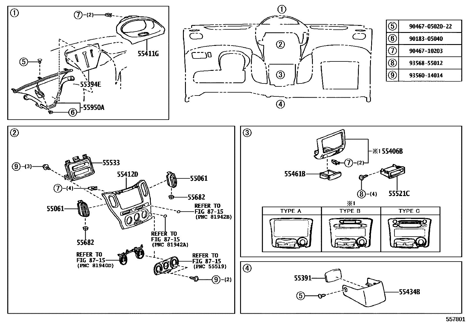 Toyota YARIS 仪表板和手套箱 EPC diagram — 557801