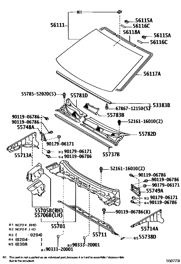Toyota YARIS 前围板和挡风玻璃 EPC diagram — 550773I