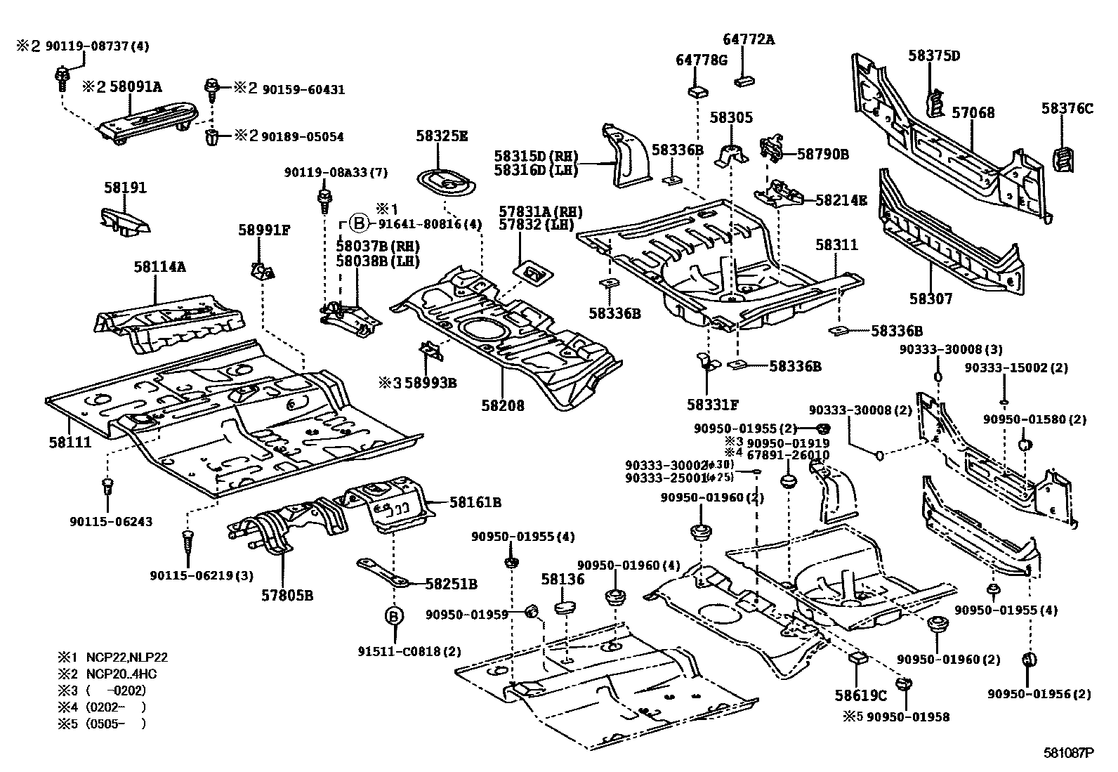 Toyota YARIS 浅盘形地板和车身下背板 EPC diagram — 581087P