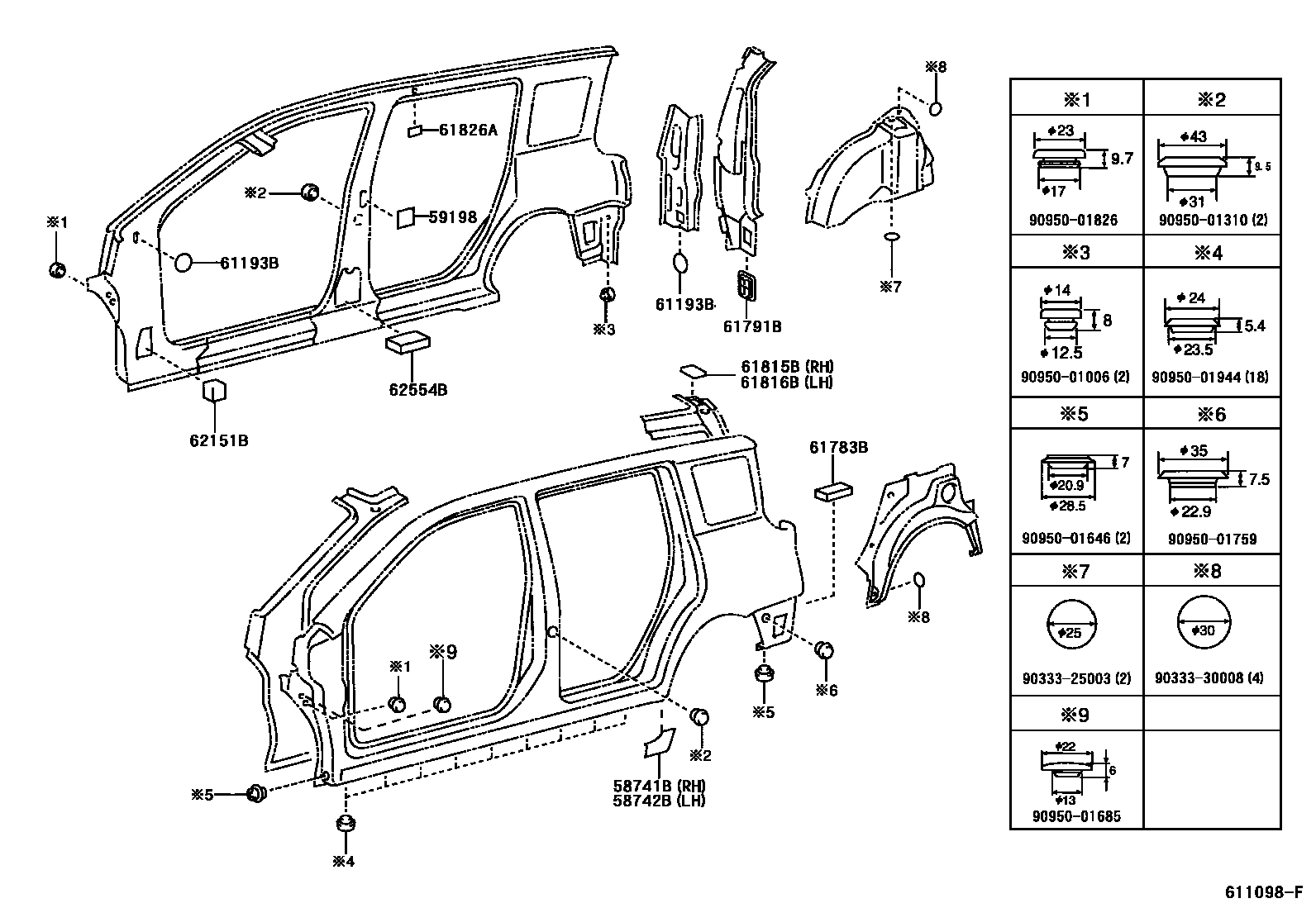Toyota YARIS 侧梁 EPC diagram — 611098F