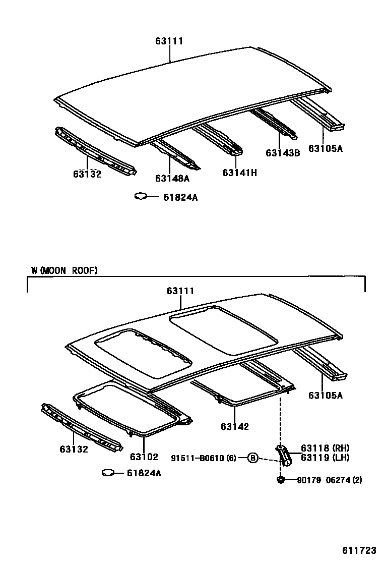 Toyota YARIS 天窗板和背窗玻璃 EPC diagram — 611723