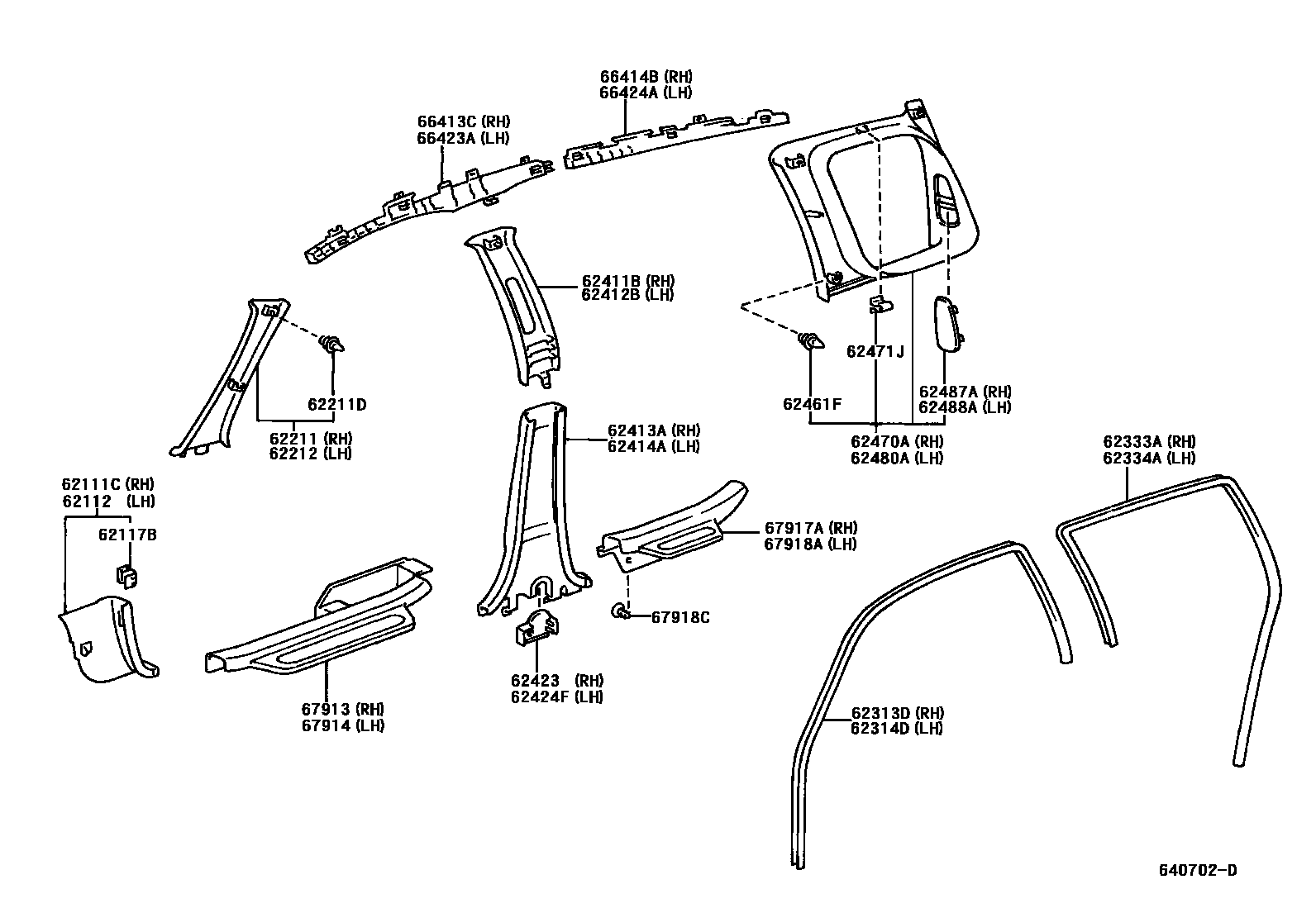 Toyota YARIS 内饰板和车门防水胶条 EPC diagram — 640702D