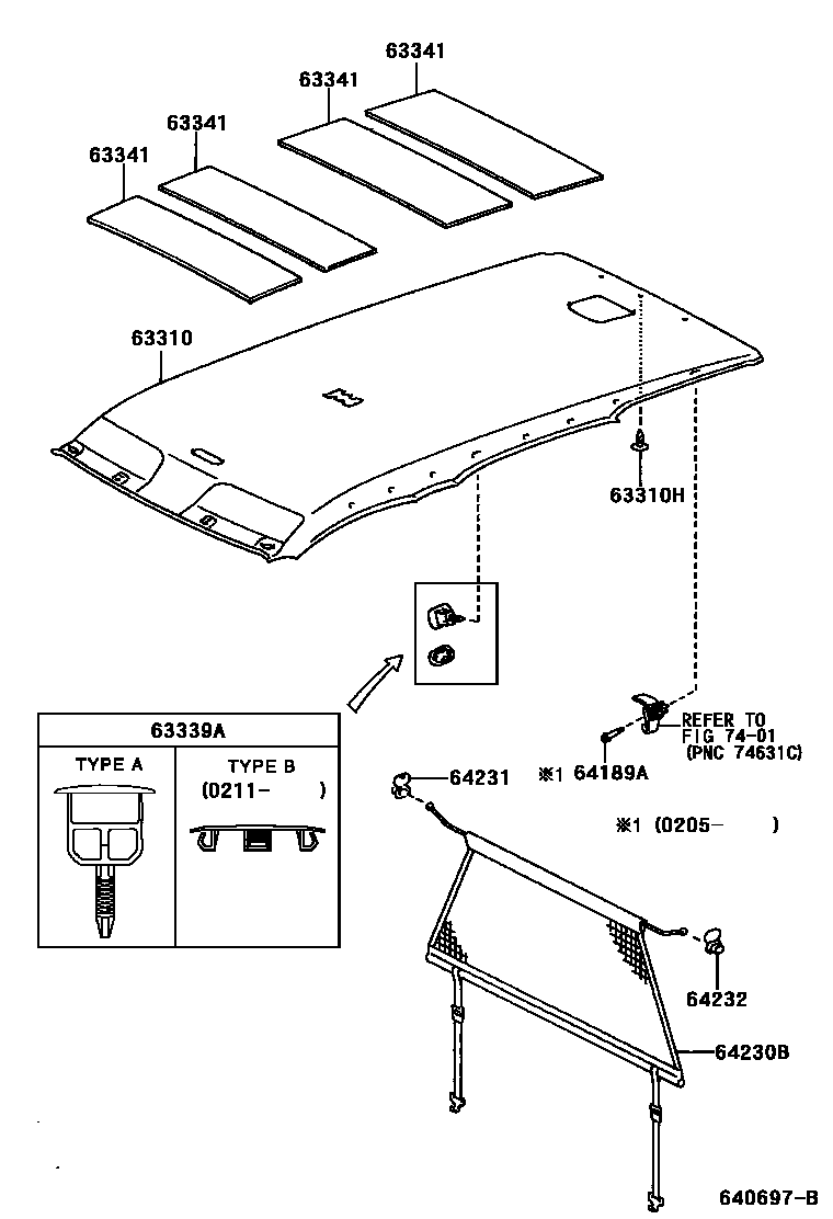 Toyota YARIS 车顶内衬和消声垫 EPC diagram — 640697B