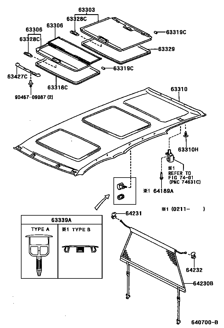 Toyota YARIS 车顶内衬和消声垫 EPC diagram — 640700B