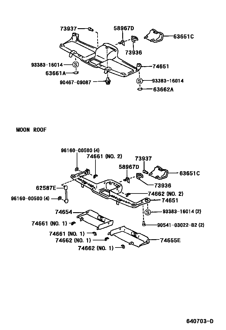 Toyota YARIS 车顶内衬和消声垫 EPC diagram — 640703D