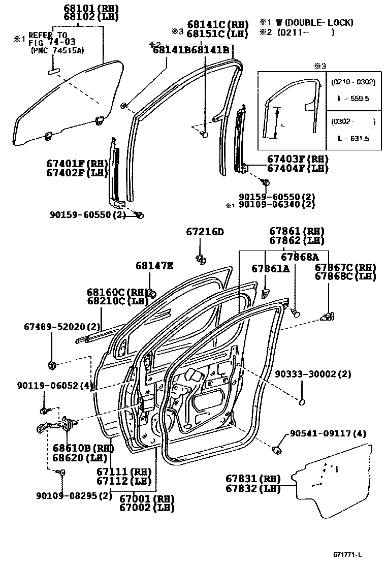 Toyota YARIS 前门板和前门玻璃 EPC diagram — 671771L