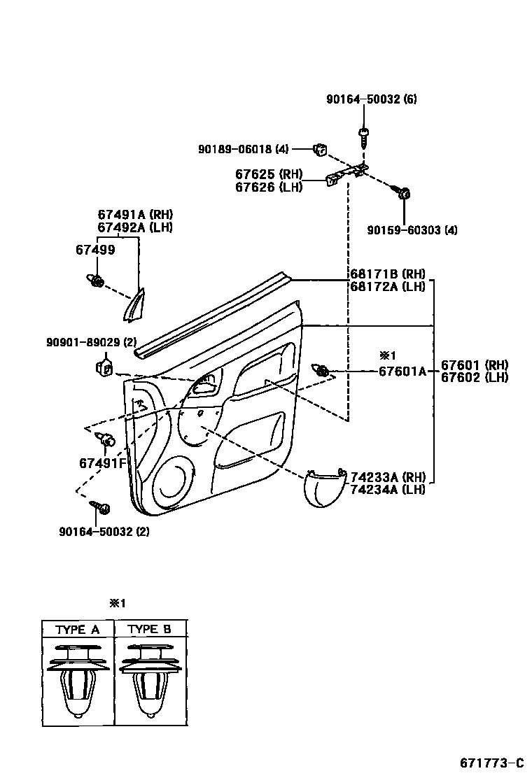 Toyota YARIS 前门板和前门玻璃 EPC diagram — 671773C