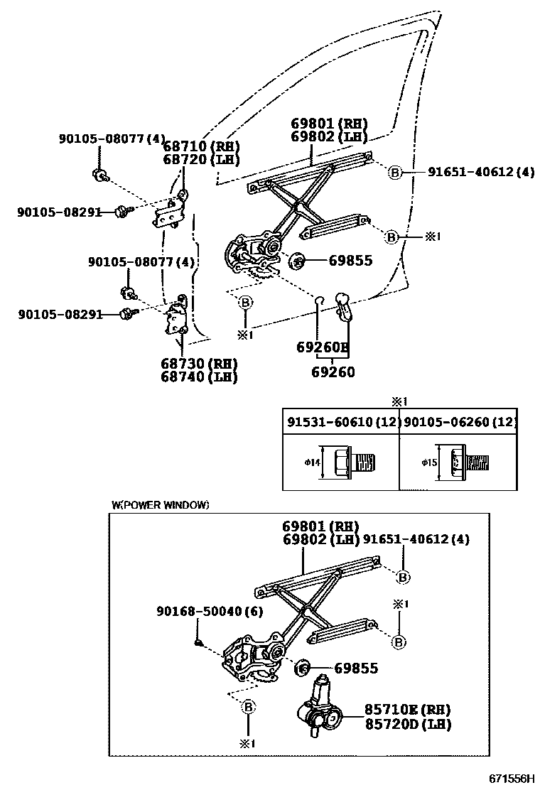 Toyota YARIS 前门车窗升降器和合页 EPC diagram — 671556H