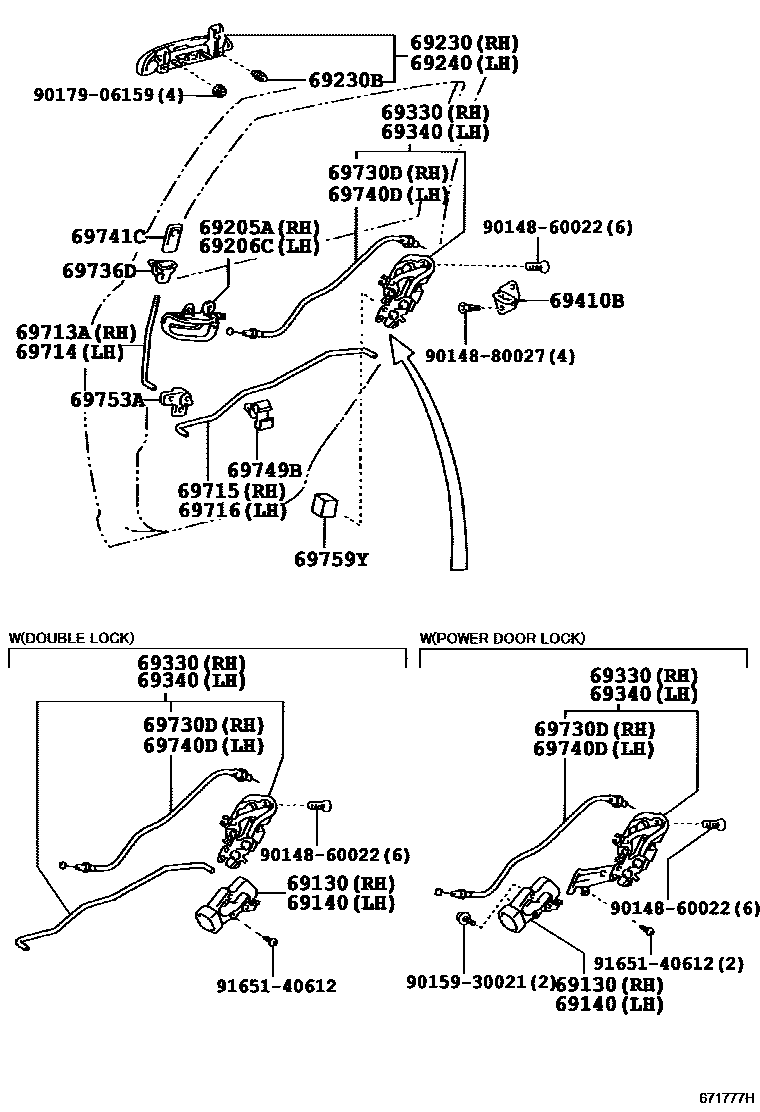 Toyota YARIS 后门锁和后门把手 EPC diagram — 671777H