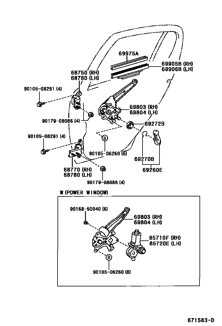 Toyota YARIS 后门车窗升降器和合页 EPC diagram — 671583D