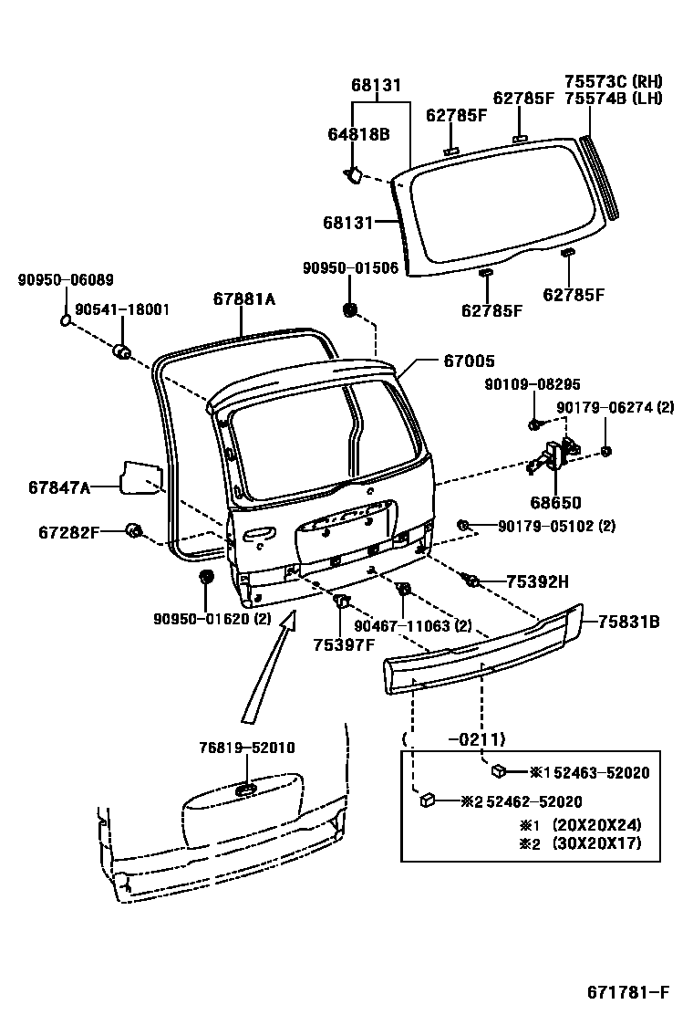 Toyota YARIS 背门板和背门玻璃 EPC diagram — 671781F