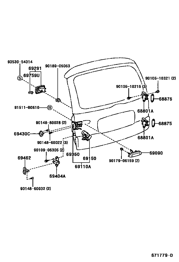 Toyota YARIS 背门锁和背门把手 EPC diagram — 671779D