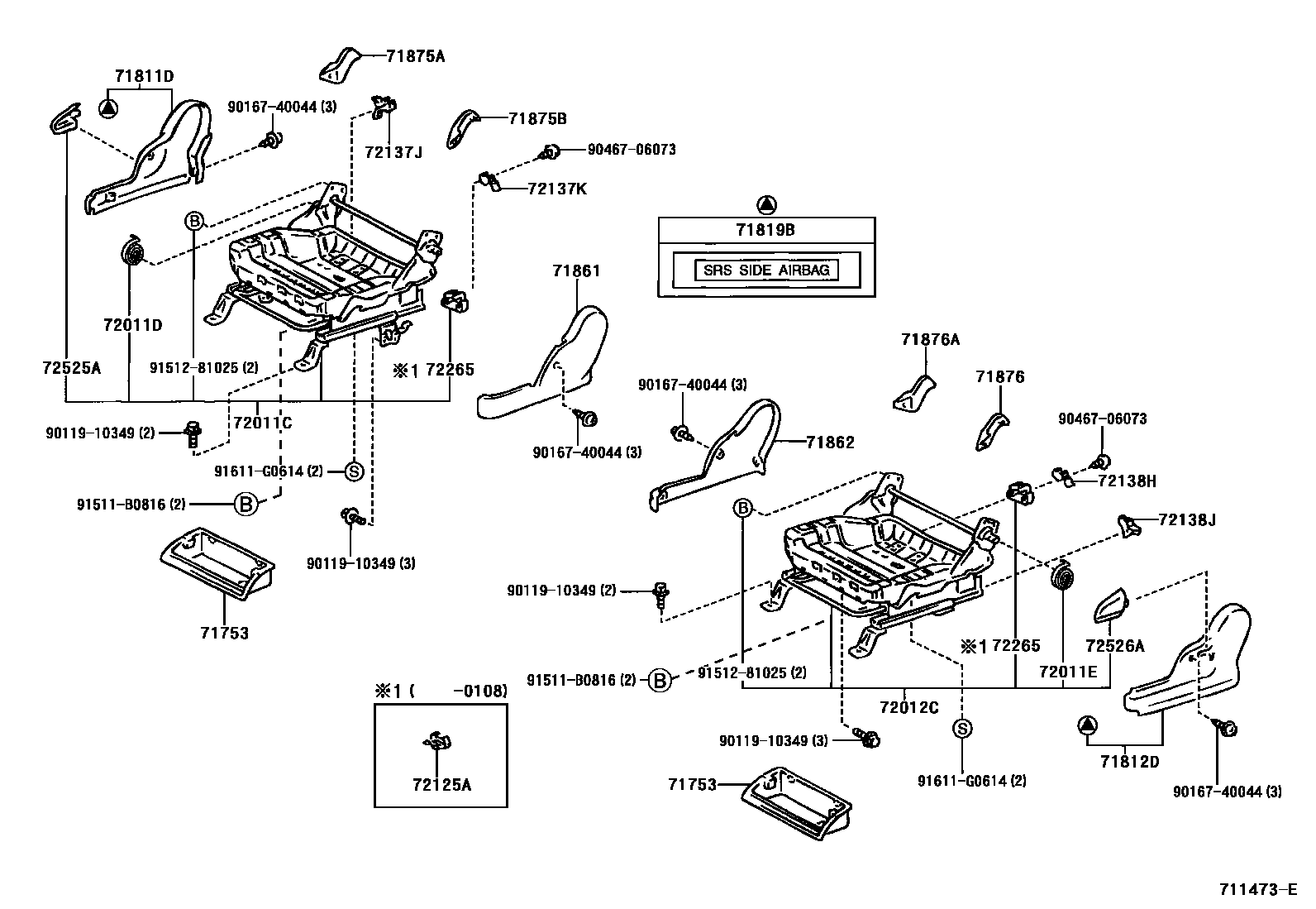 Toyota YARIS 前排座椅和座椅滑轨 EPC diagram — 711473E