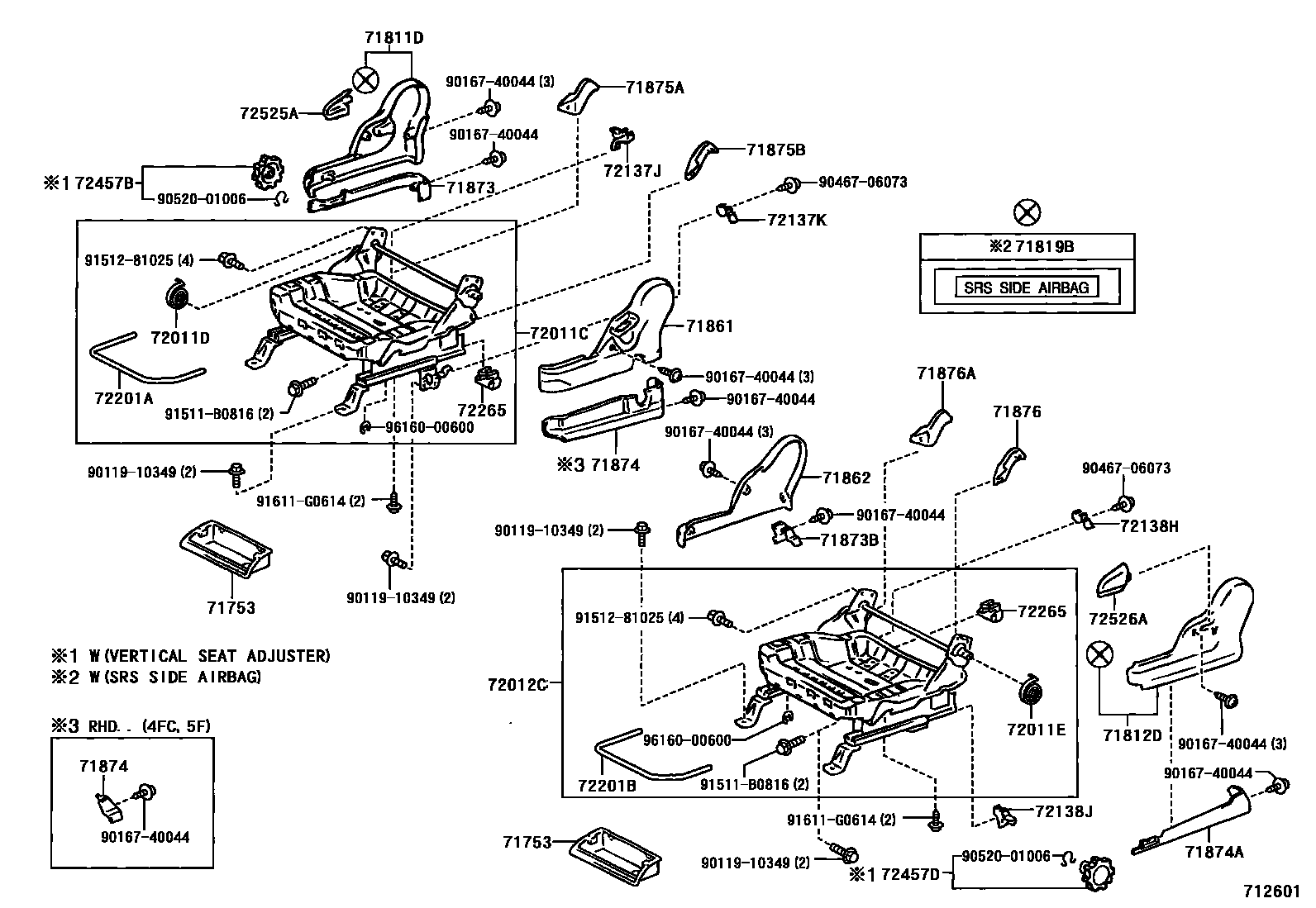 Toyota YARIS 前排座椅和座椅滑轨 EPC diagram — 712601