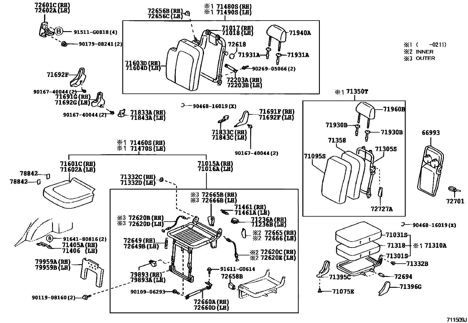 Toyota YARIS 后排座椅和座椅滑轨 EPC diagram — 711509J