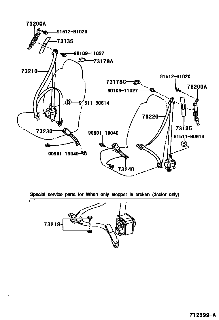 Toyota YARIS 安全带和儿童保护座椅 EPC diagram — 712599A