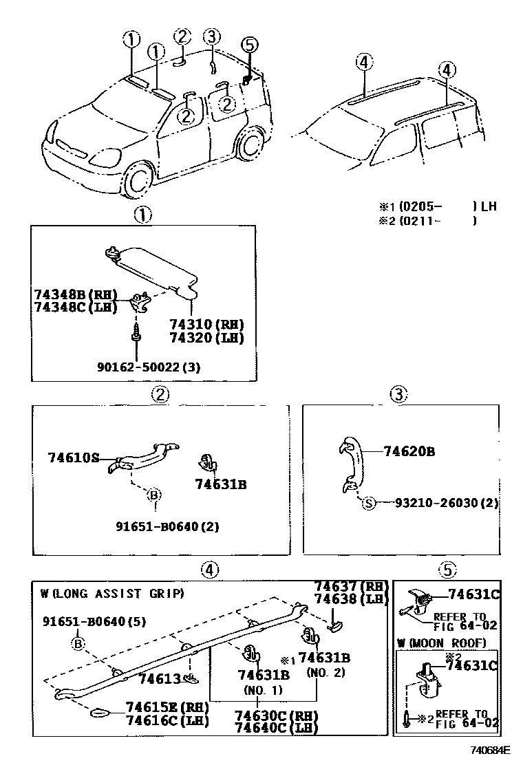 Toyota YARIS 扶手和遮阳板 EPC diagram — 740684E