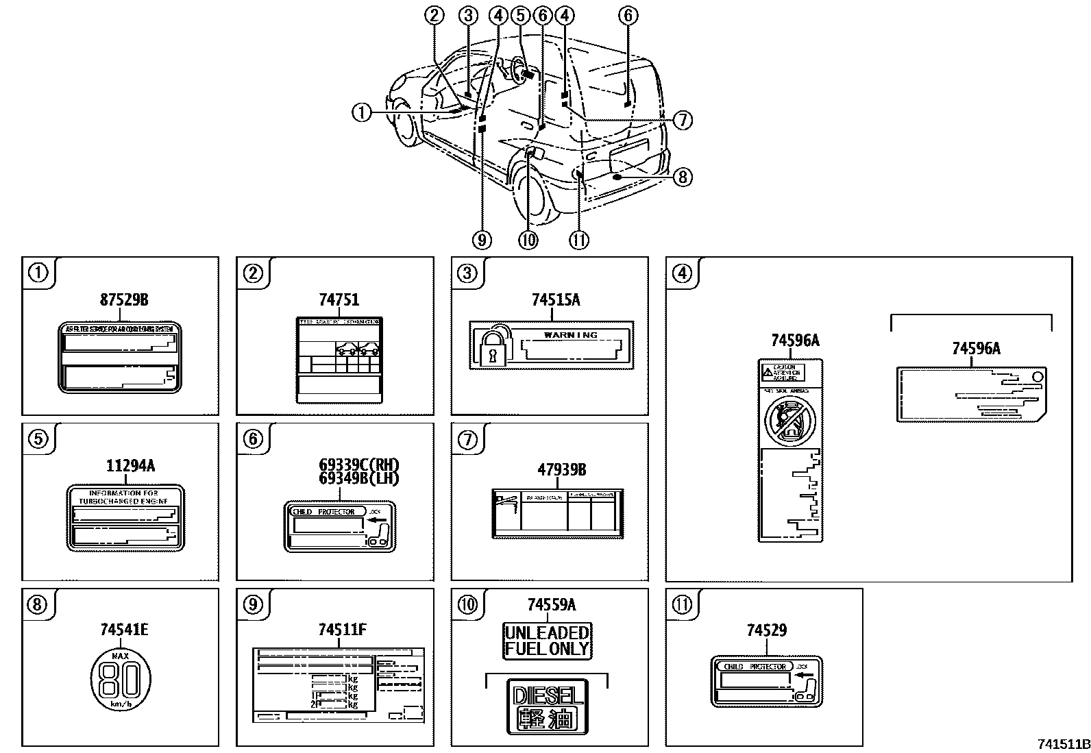 Toyota YARIS 警示铭牌(车外和车内) EPC diagram — 741511B