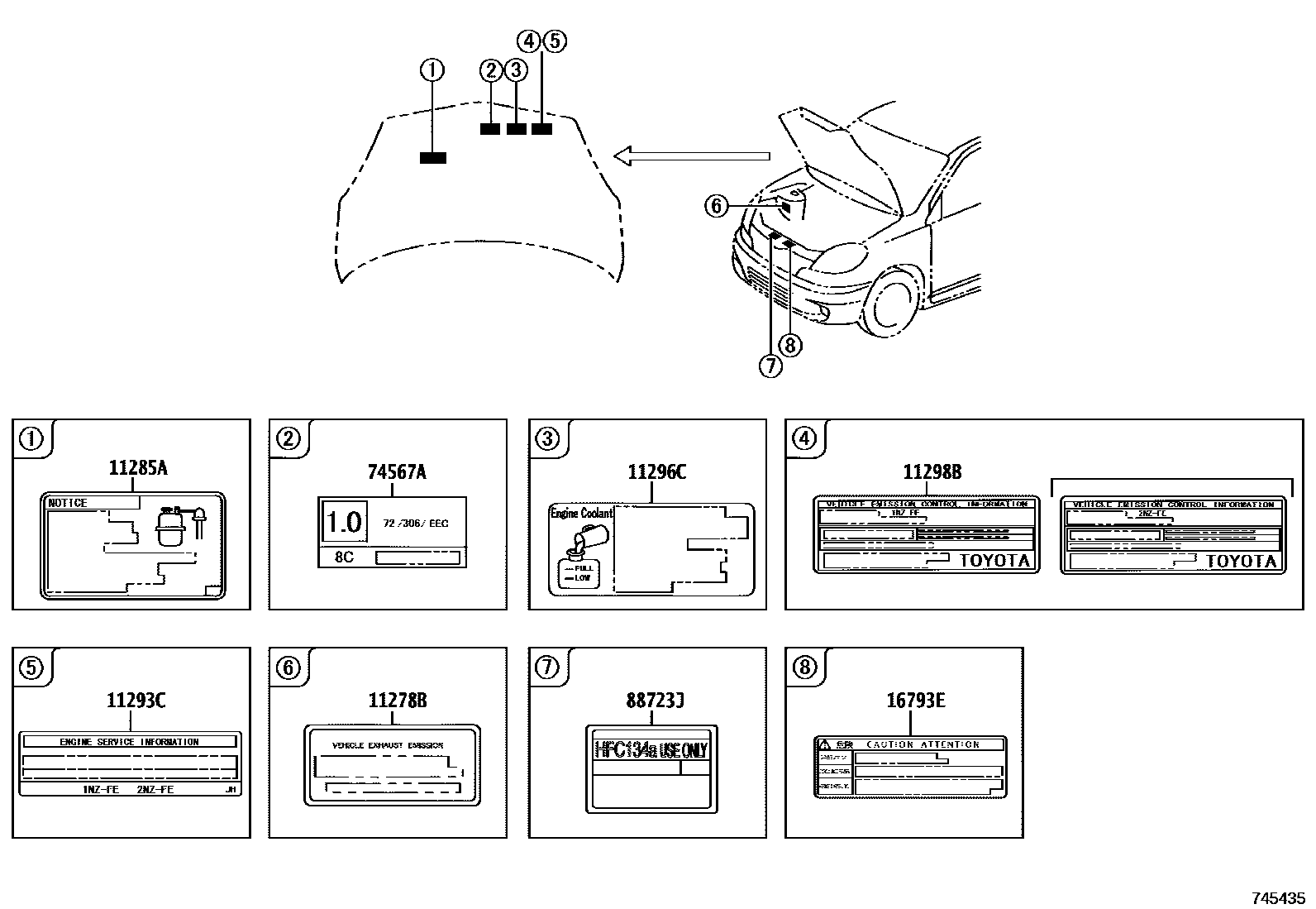 Toyota YARIS 警示铭牌(车外和车内) EPC diagram — 745435