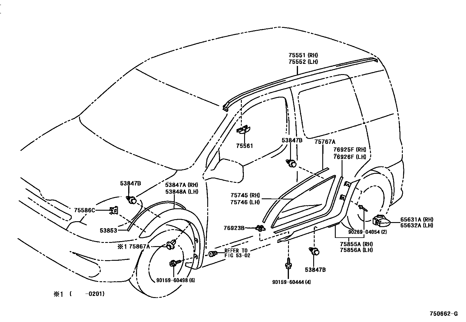 Toyota YARIS 侧防护条 EPC diagram — 750662G