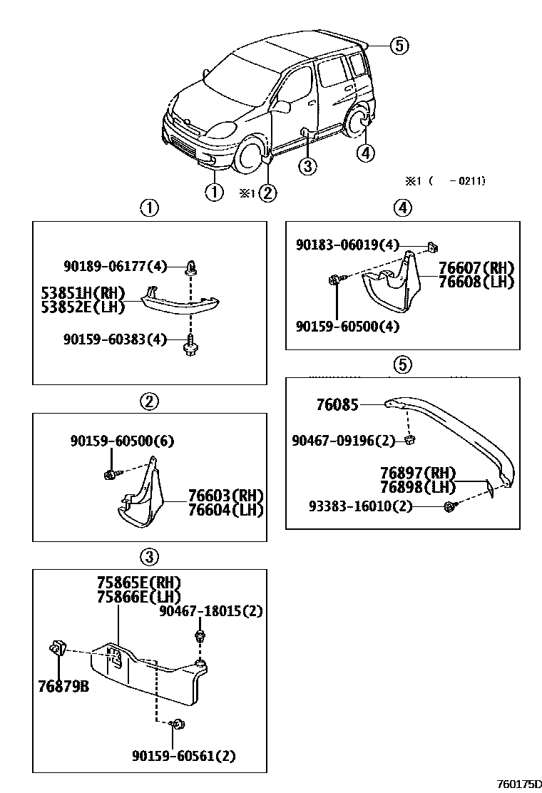 Toyota YARIS 挡泥板和扰流板 EPC diagram — 760175D