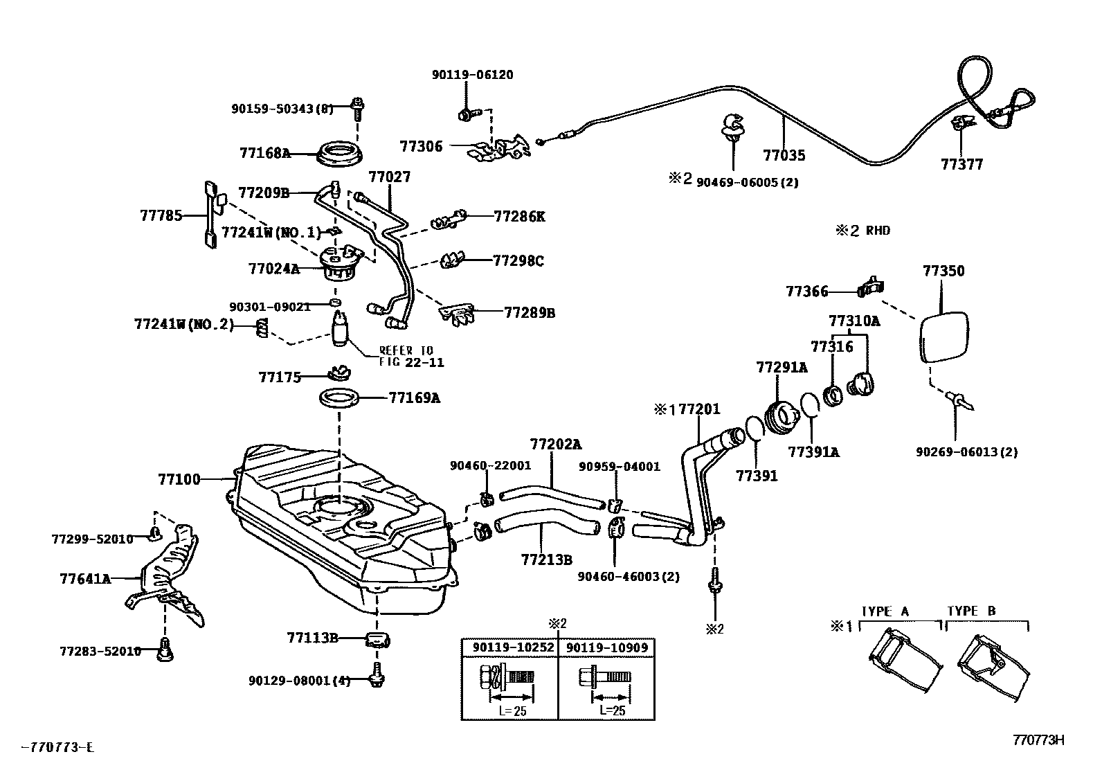 Toyota YARIS 燃油箱和燃油管 EPC diagram — 770773H