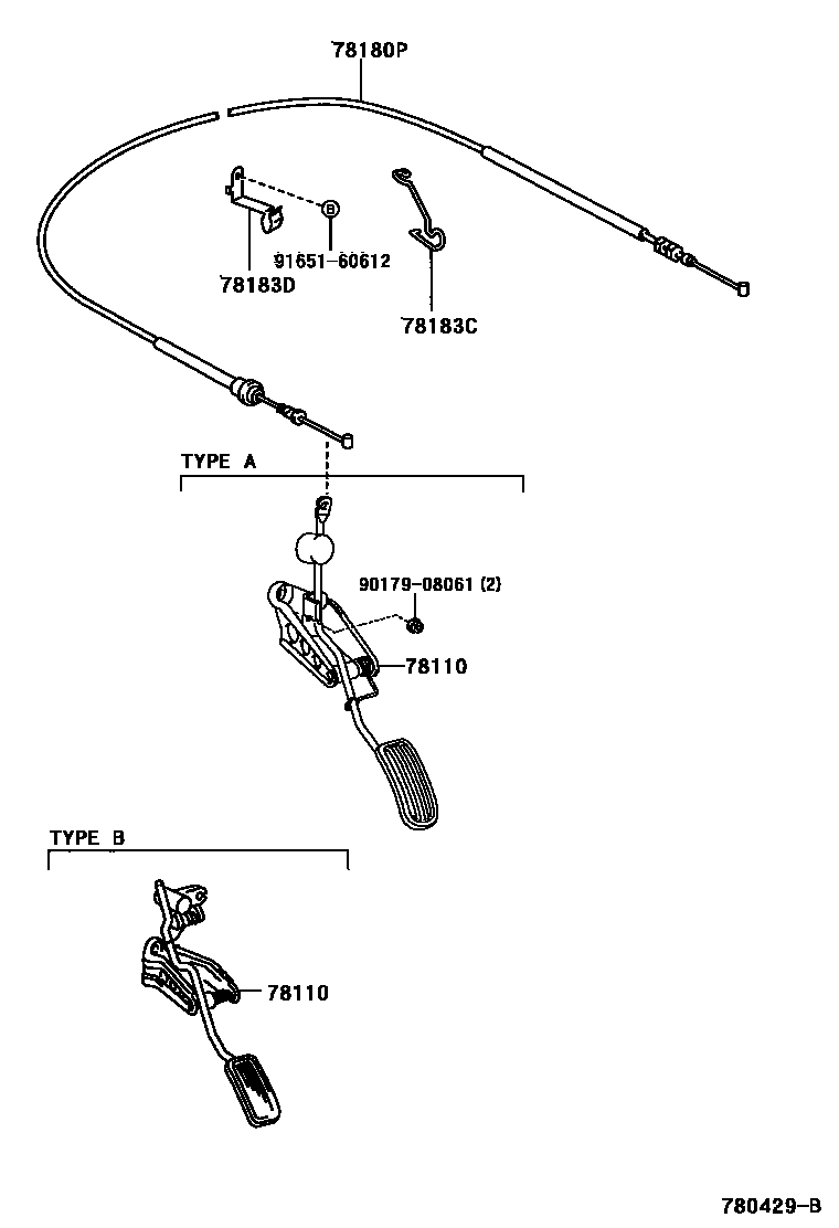 Toyota YARIS accelerator pedal connecting rod EPC diagram — 780429B