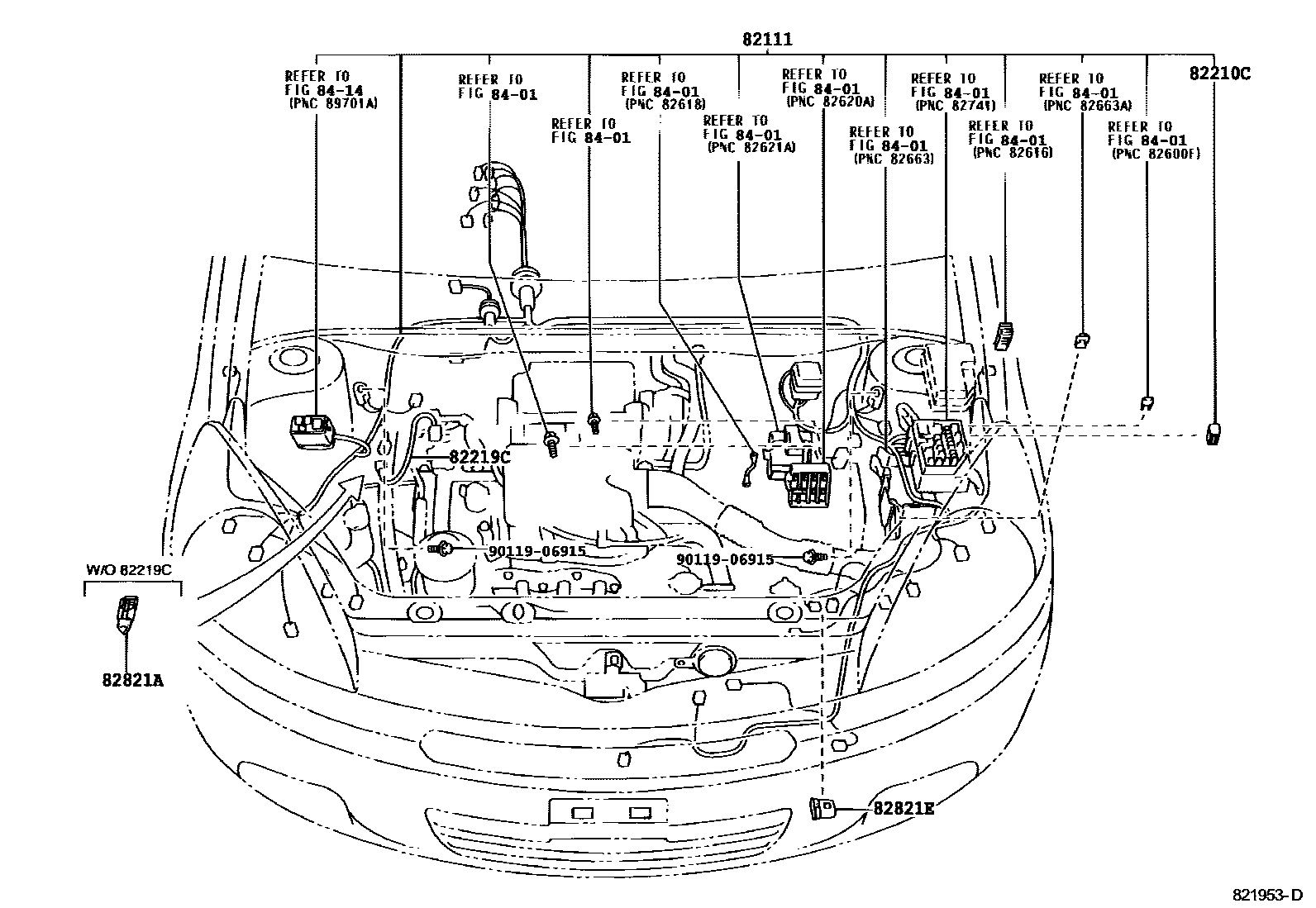 Toyota YARIS 线束和卡夹 EPC diagram — 821953D
